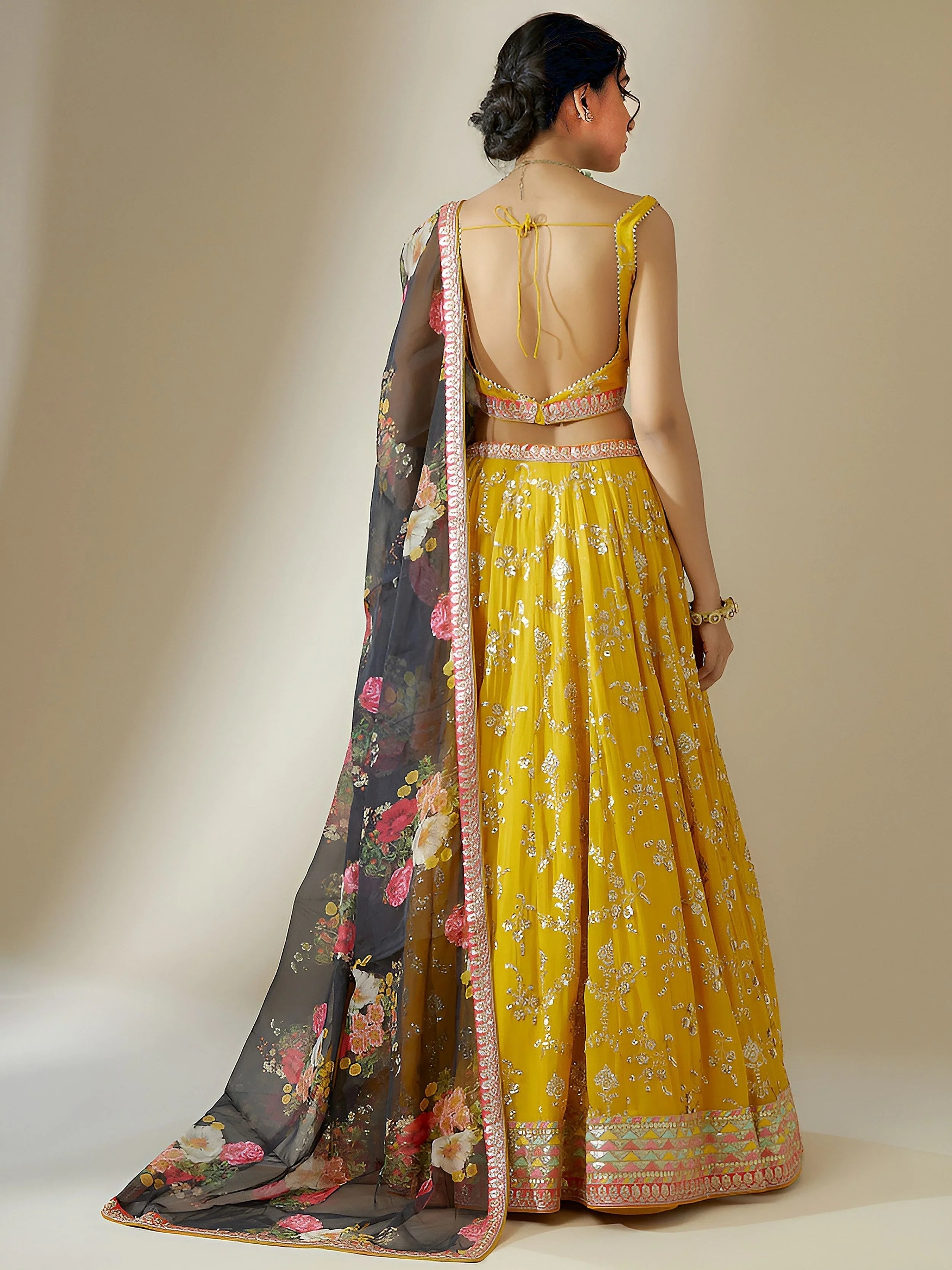 Yellow Georgette Lehenga Choli Set with Black Floral Dupatta – Festive & Haldi Wear