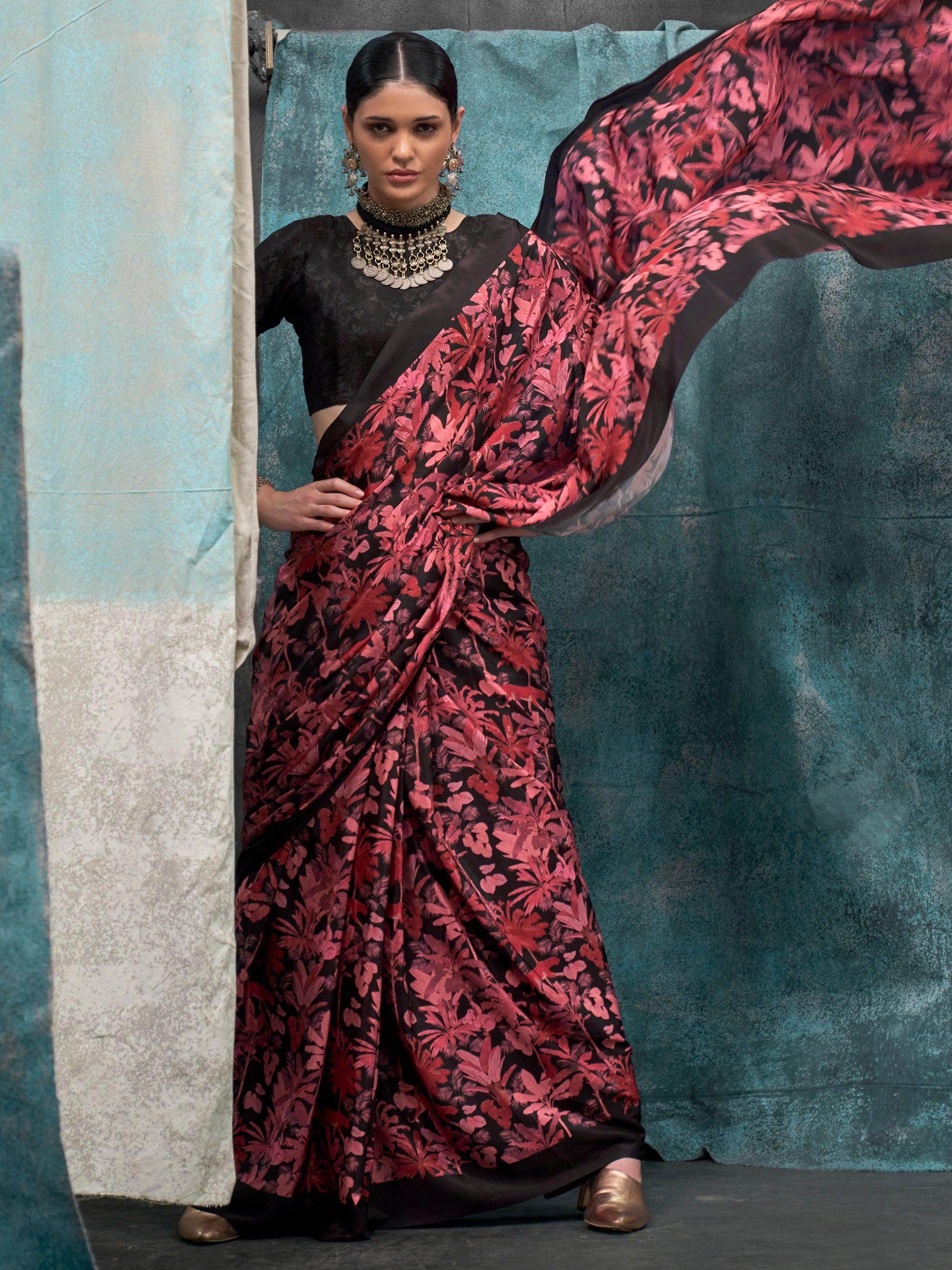 Adorable Black Digital Printed Crape Party Wear Saree With Blouse