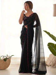 Adorable Black Lace Work Georgette Party Wear Saree With Blouse