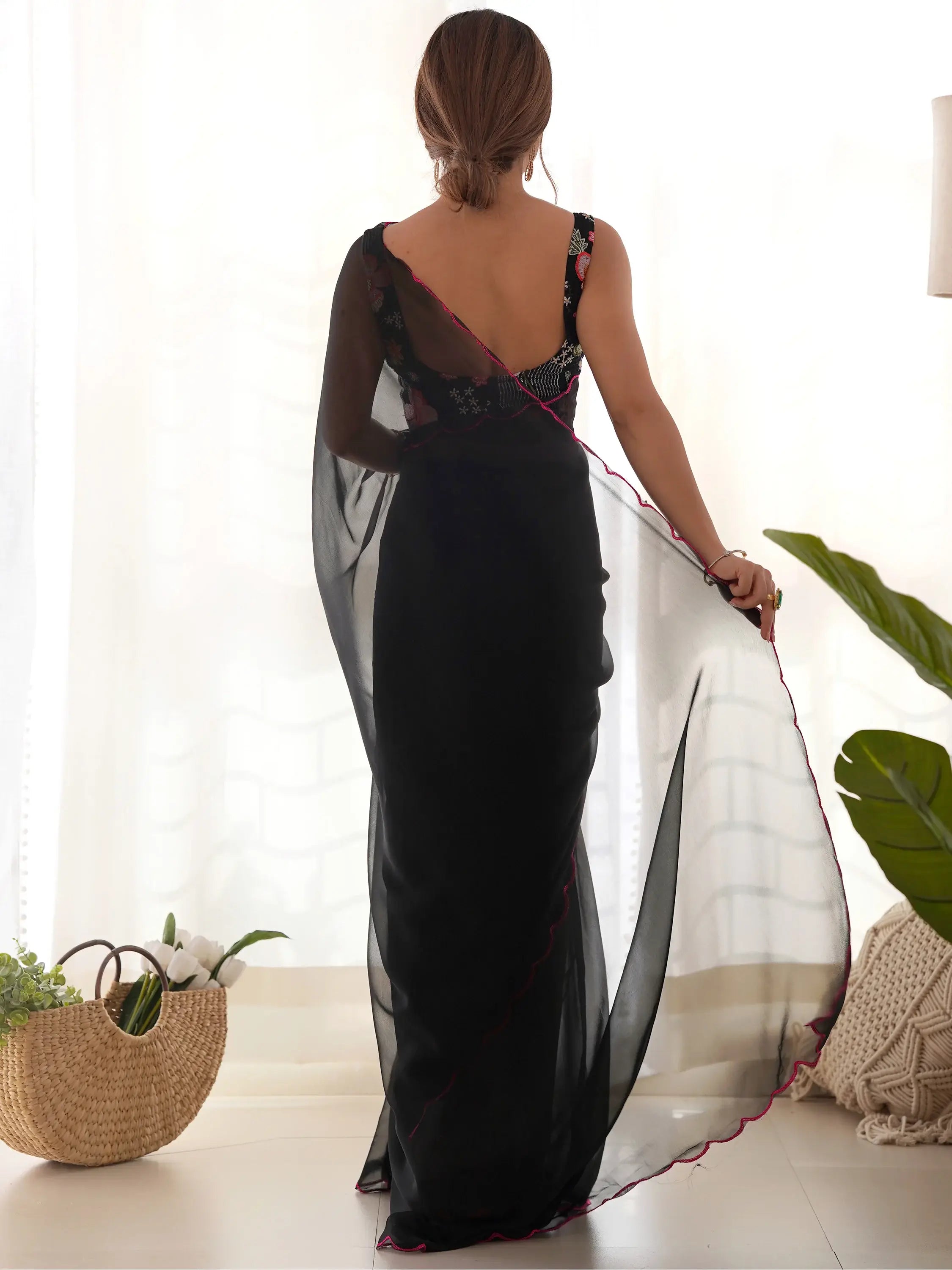 Adorable Black Lace Work Georgette Party Wear Saree With Blouse