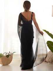 Adorable Black Lace Work Georgette Party Wear Saree With Blouse