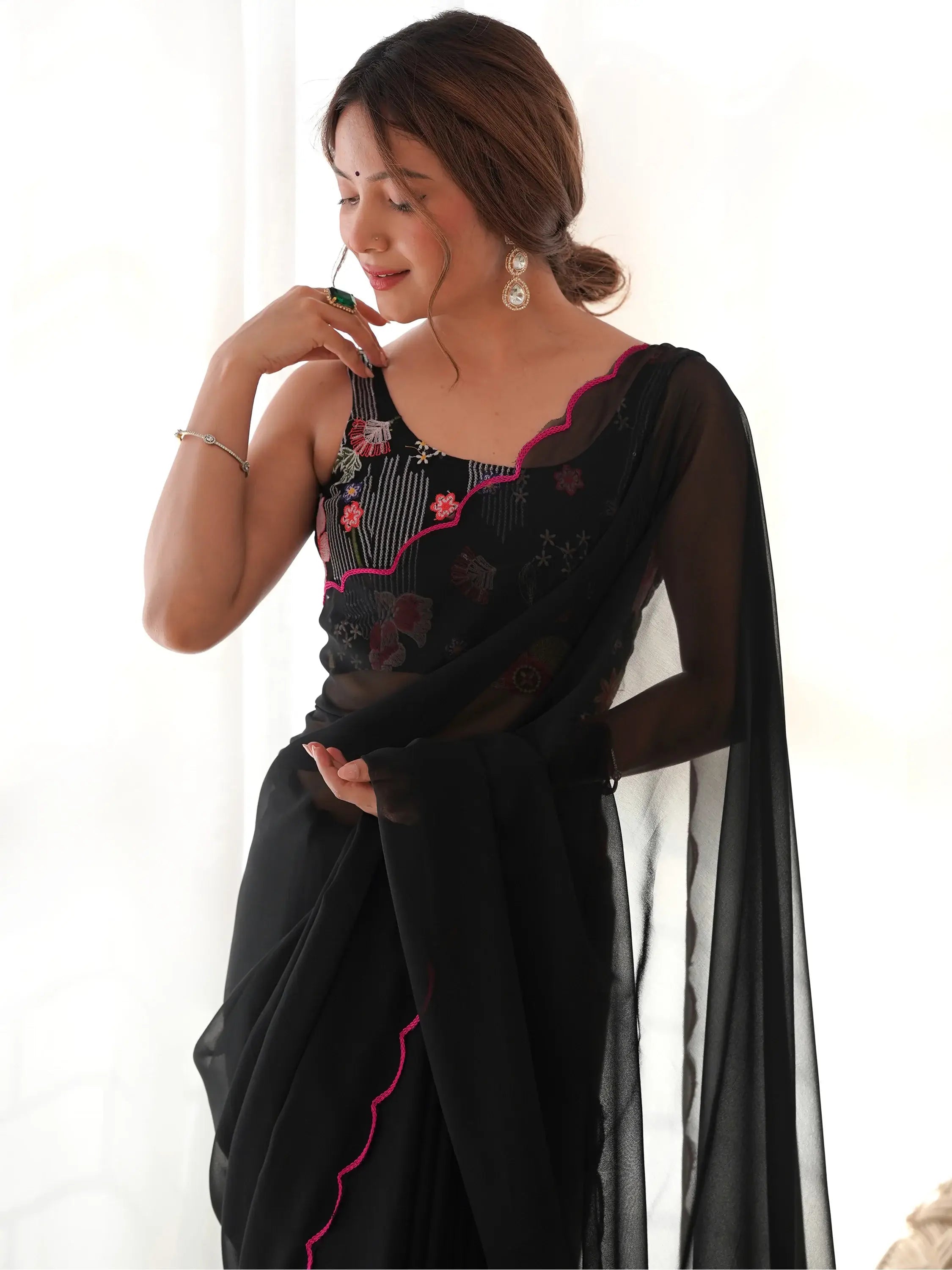 Adorable Black Lace Work Georgette Party Wear Saree With Blouse