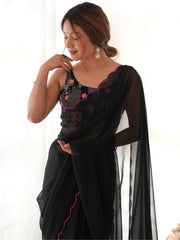 Adorable Black Lace Work Georgette Party Wear Saree With Blouse