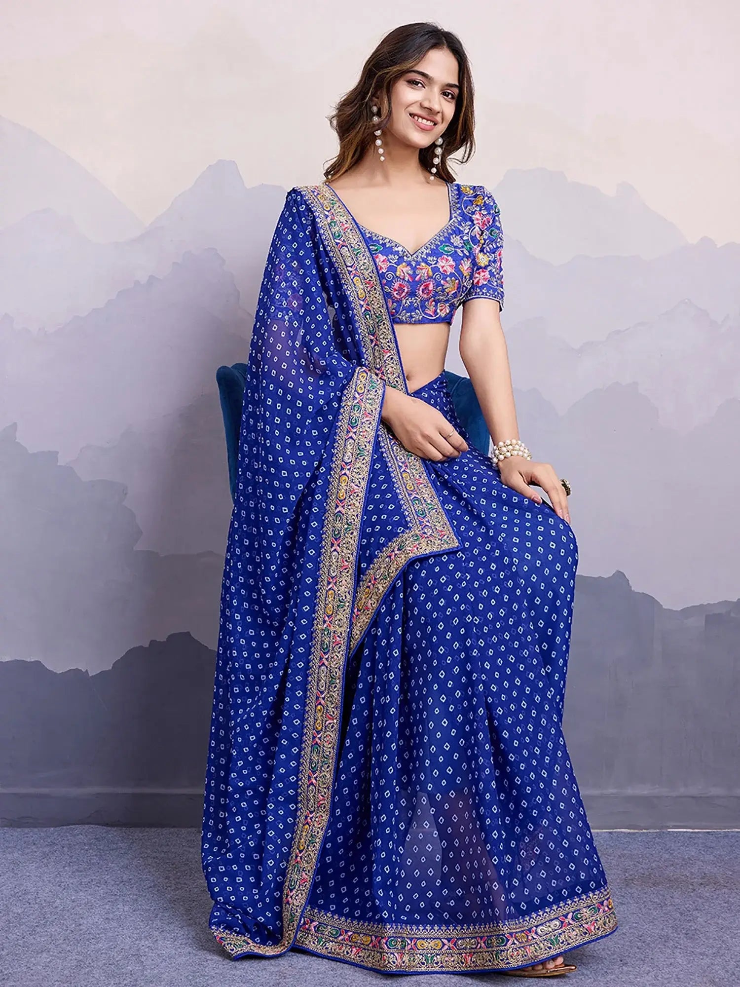 Adorable Blue Bandhani Printed Georgette Traditional Saree With Blouse