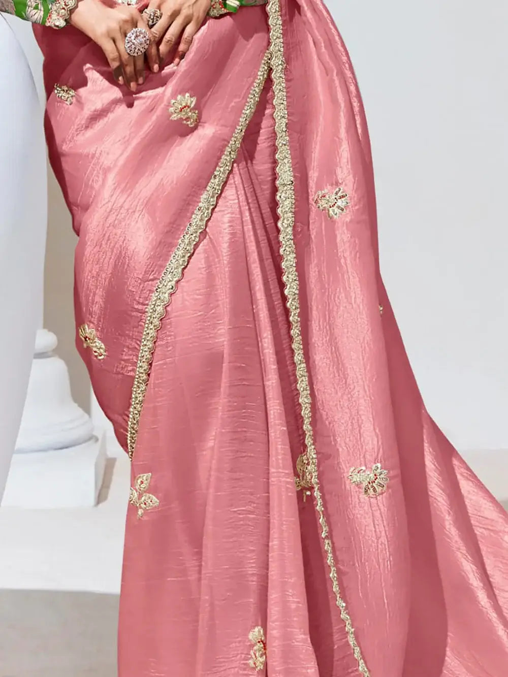 Adorable Peach Thread Work Organza Engagement Wear Saree