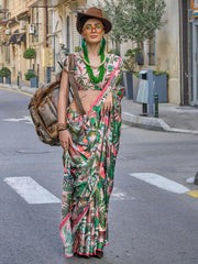 Adorable Pink And Green Digital Printed Satin Saree With Blouse