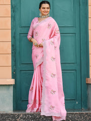 Adorable Pink Embroidered Cotton Festival Wear Saree With Blouse