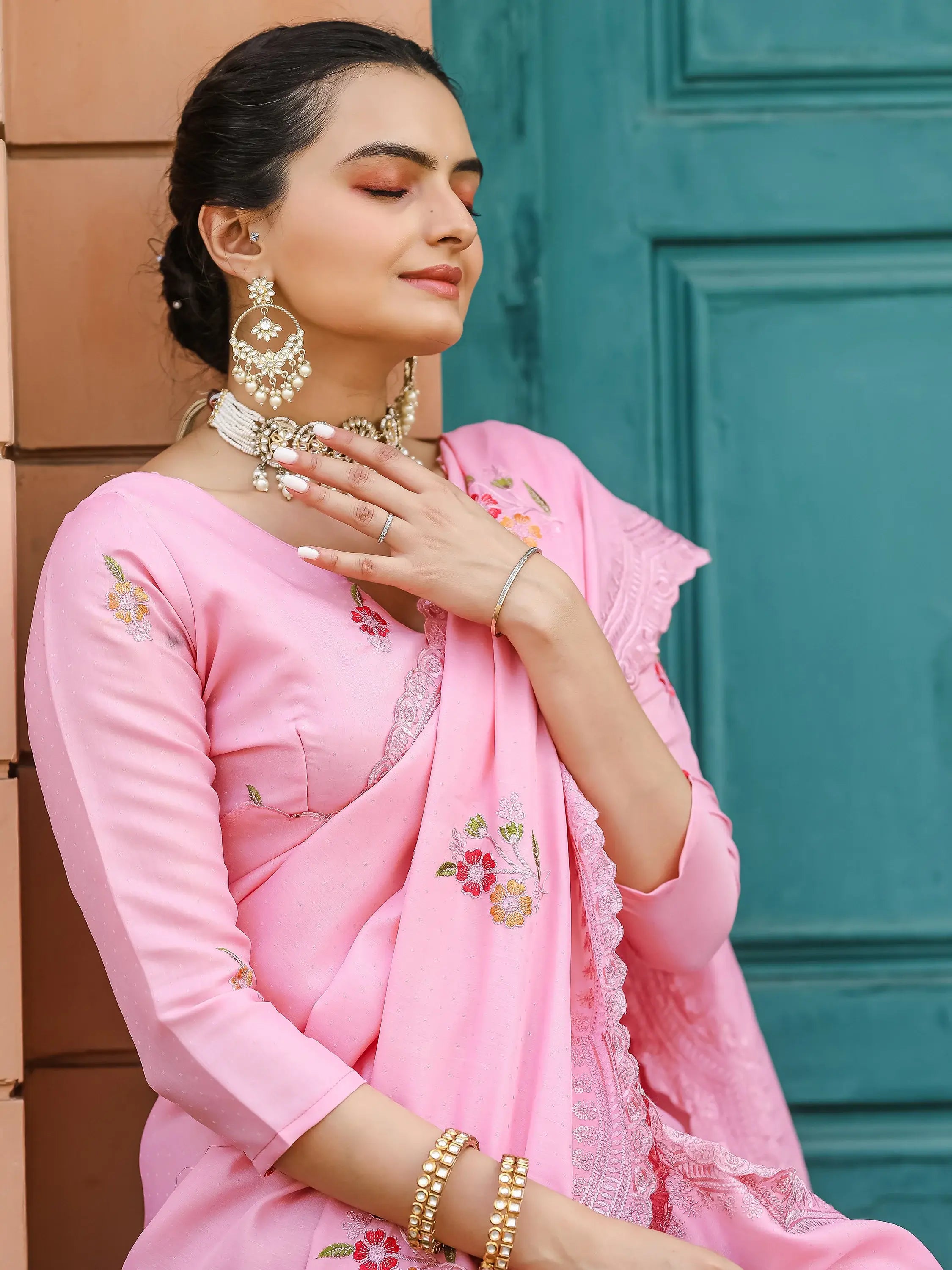 Adorable Pink Embroidered Cotton Festival Wear Saree With Blouse