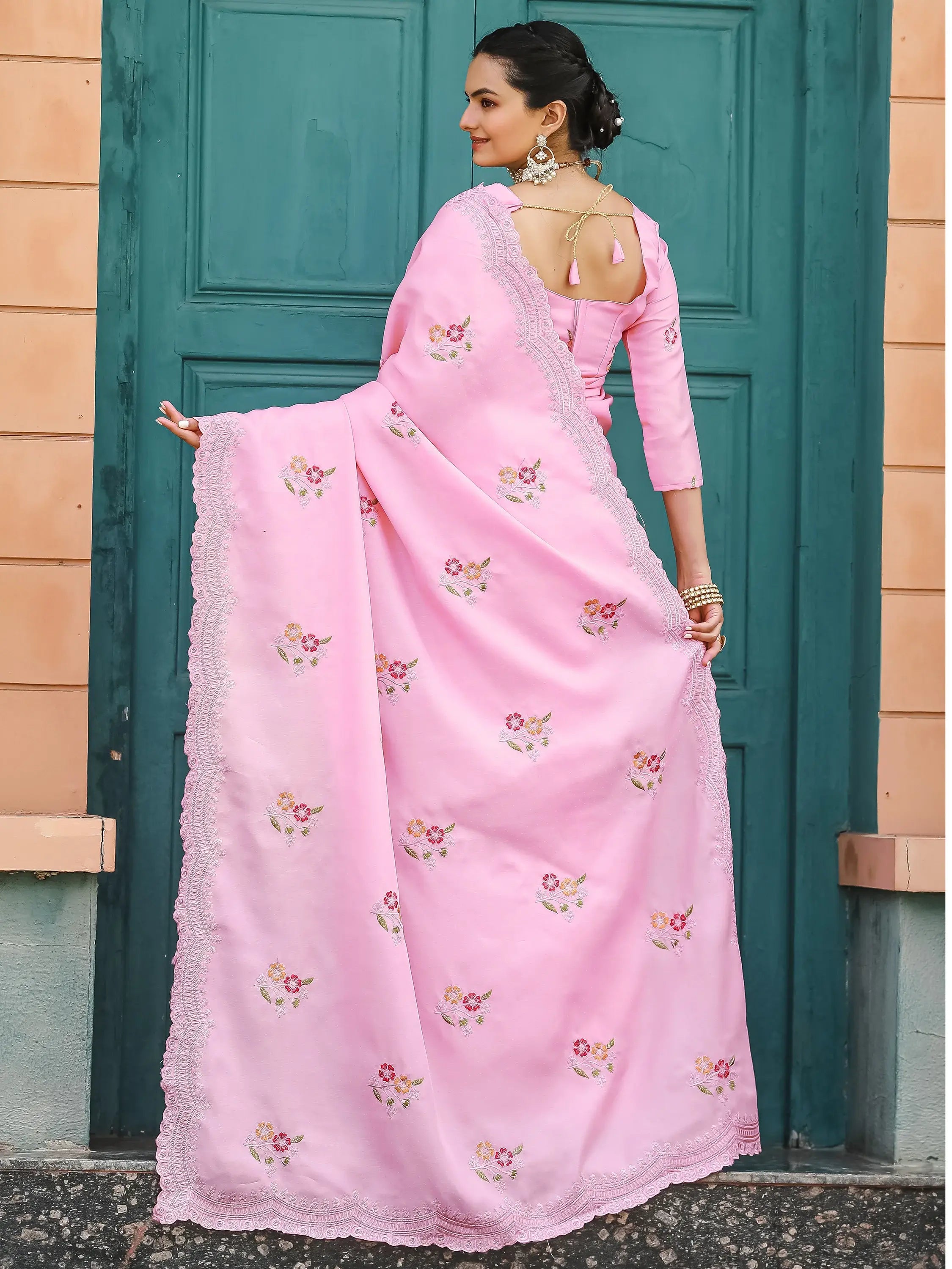 Adorable Pink Embroidered Cotton Festival Wear Saree With Blouse