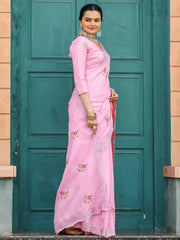 Adorable Pink Embroidered Cotton Festival Wear Saree With Blouse