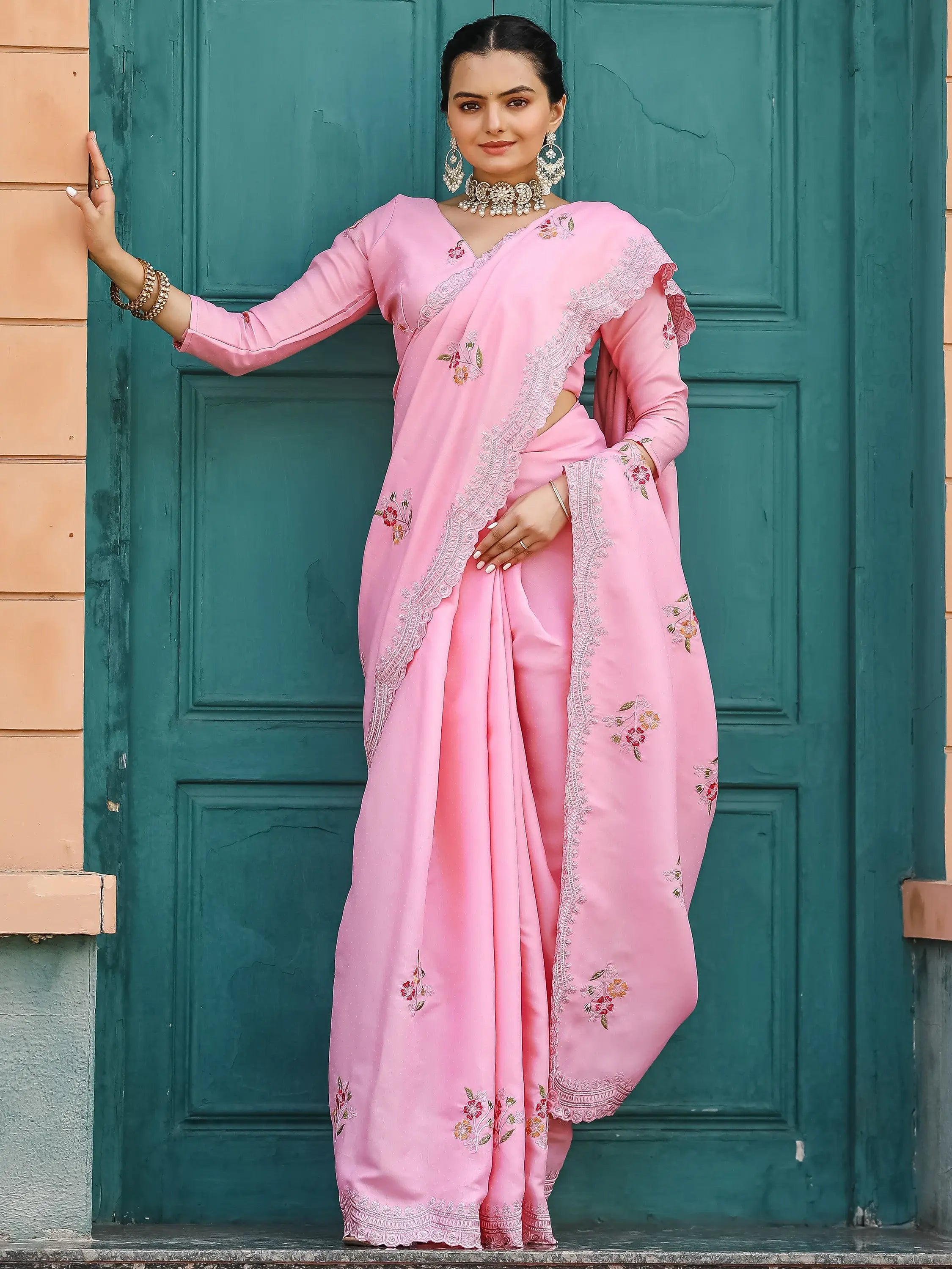 Adorable Pink Embroidered Cotton Festival Wear Saree With Blouse