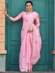 Adorable Pink Embroidered Cotton Festival Wear Saree With Blouse