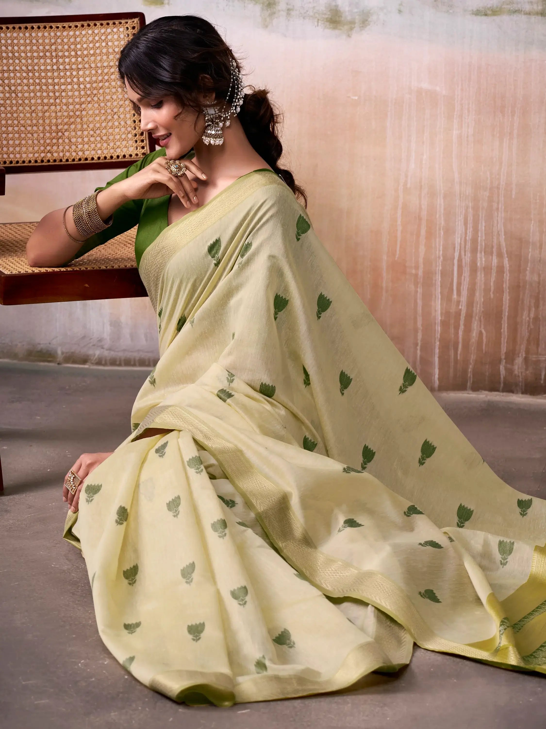 Alluring Green Zari Weaving Cotton Casual Wear Saree With Blouse