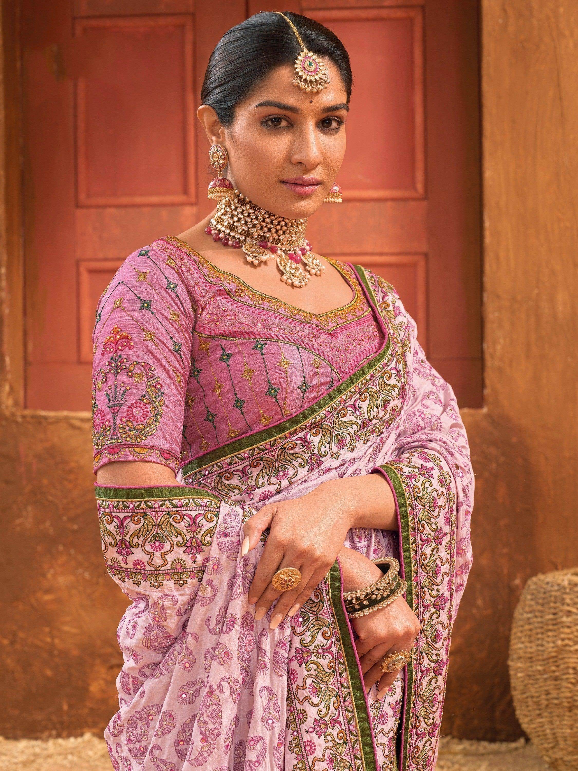 Alluring Pink Mirror Work Banarasi Silk Wedding Wear Saree With Blouse