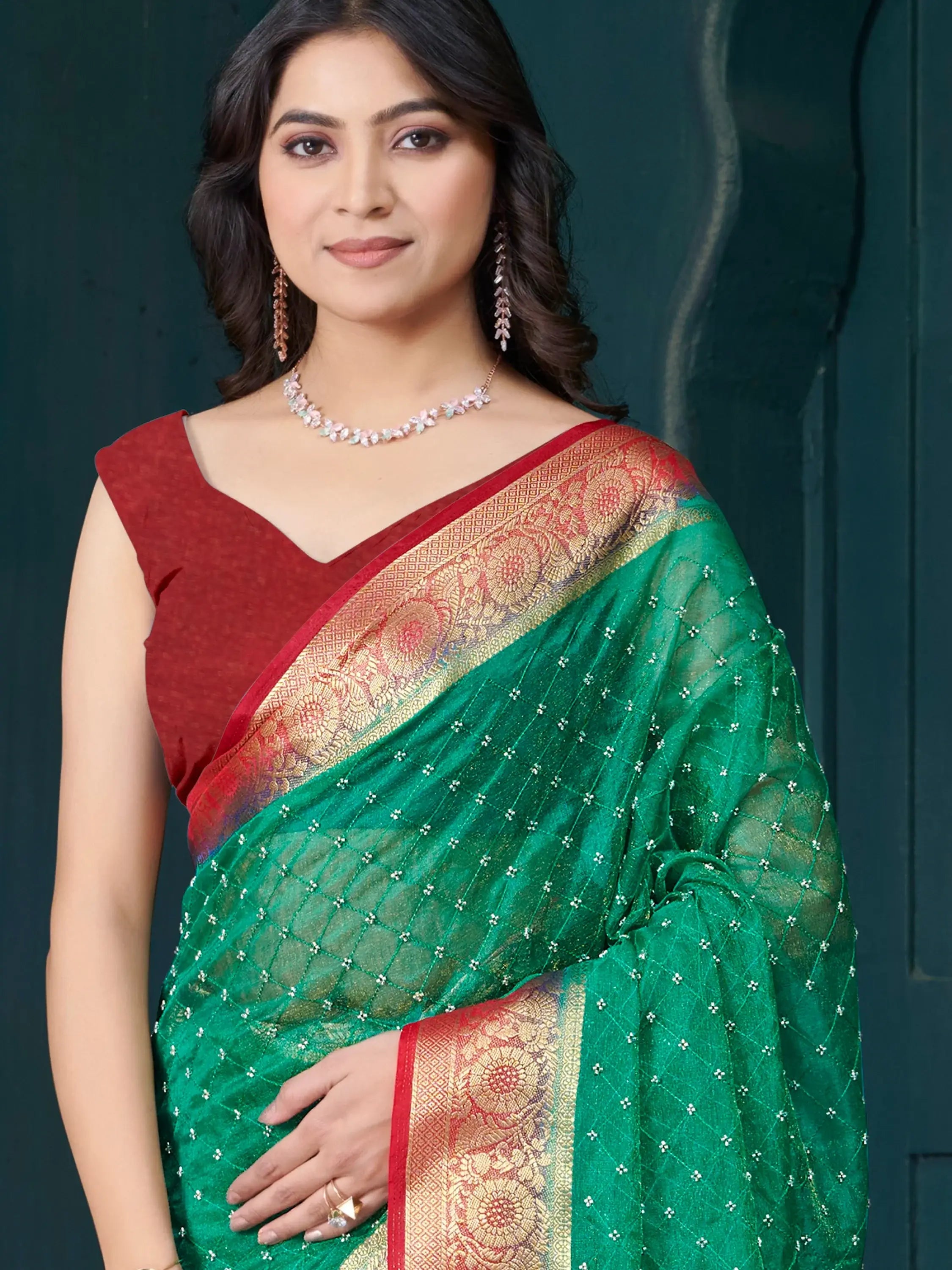 Attractive Green Bead Work Jacquard Event Wear Saree With Blouse