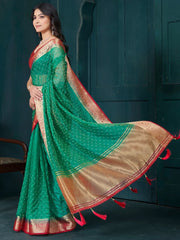 Attractive Green Bead Work Jacquard Event Wear Saree With Blouse