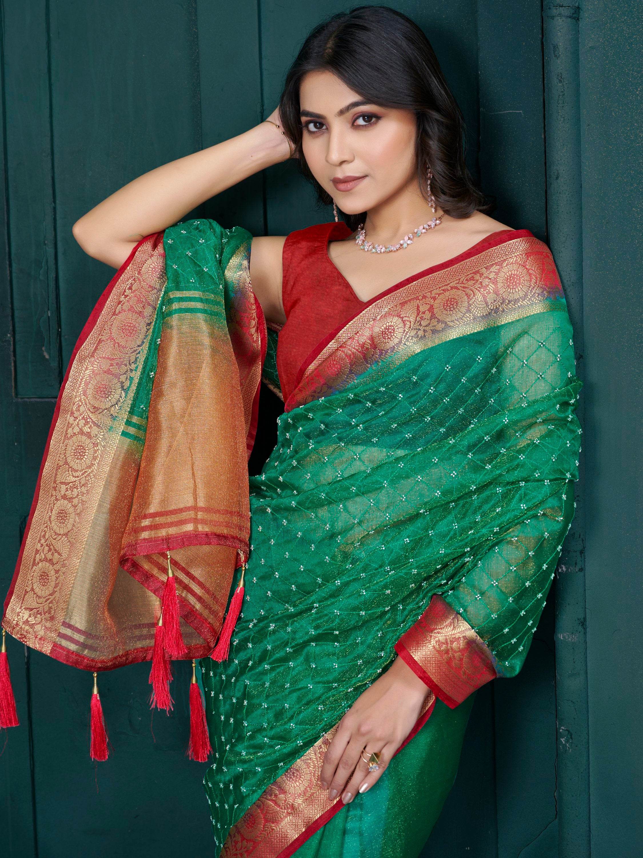 Attractive Green Bead Work Jacquard Event Wear Saree With Blouse