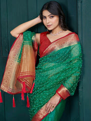 Attractive Green Bead Work Jacquard Event Wear Saree With Blouse
