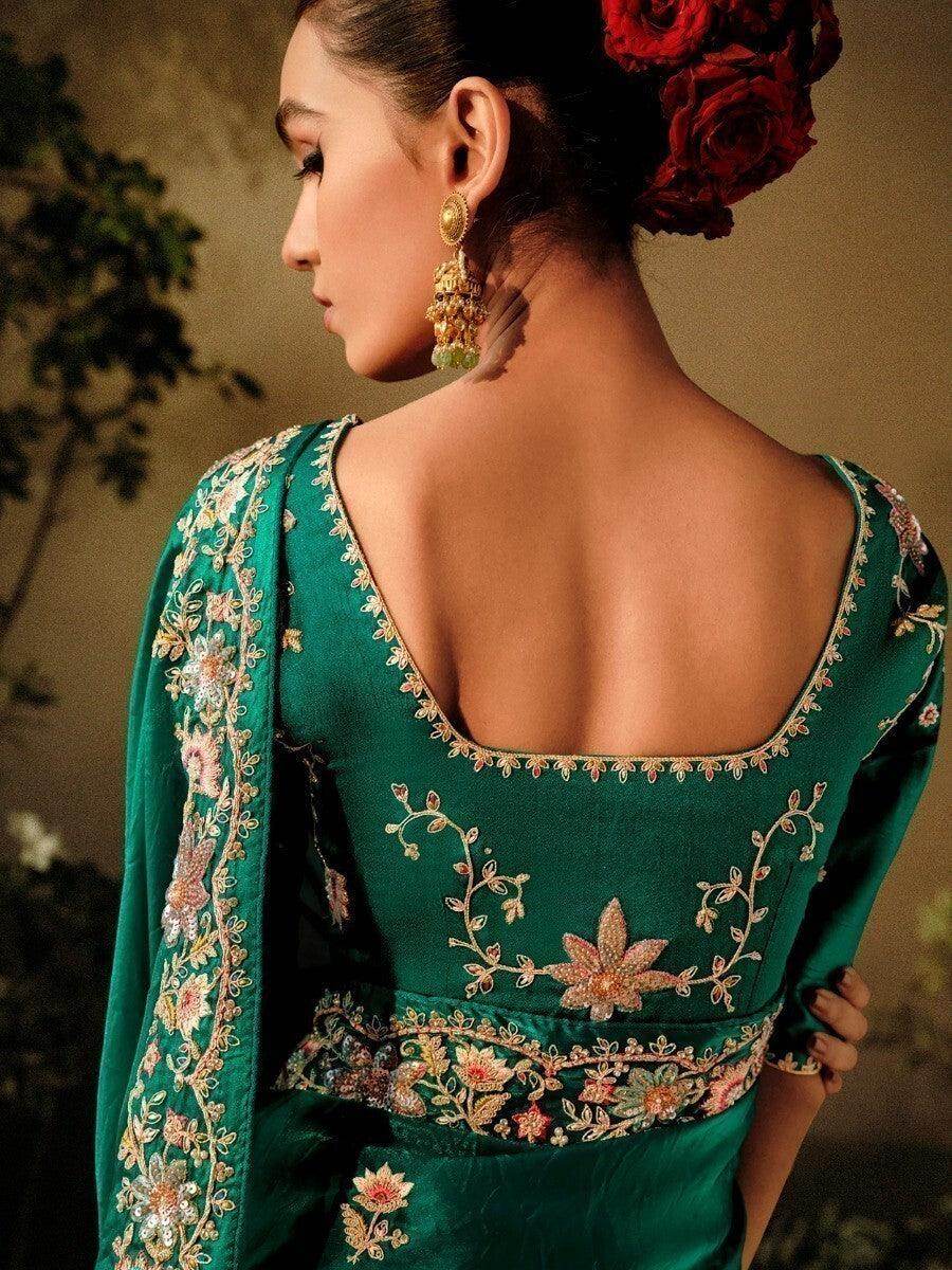 Attractive Green Embroidered Silk Traditional Saree With Blouse