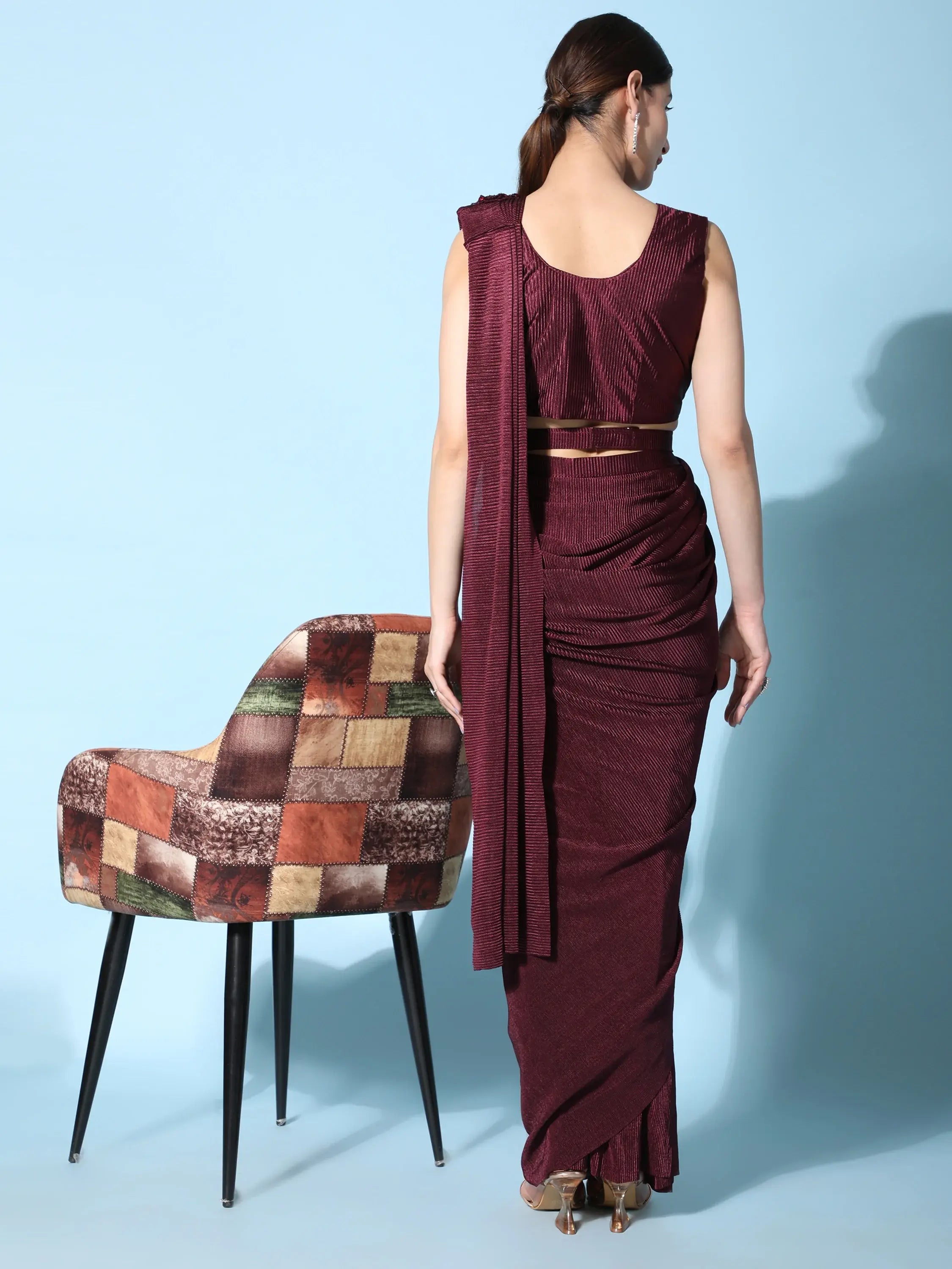 Attractive Maroon Satin Pre-Stitched Party Wear Saree With Blouse
