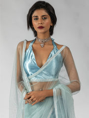 Attractive Sky-Blue Diamond Work Net Festive Wear Pre-Stitched Saree