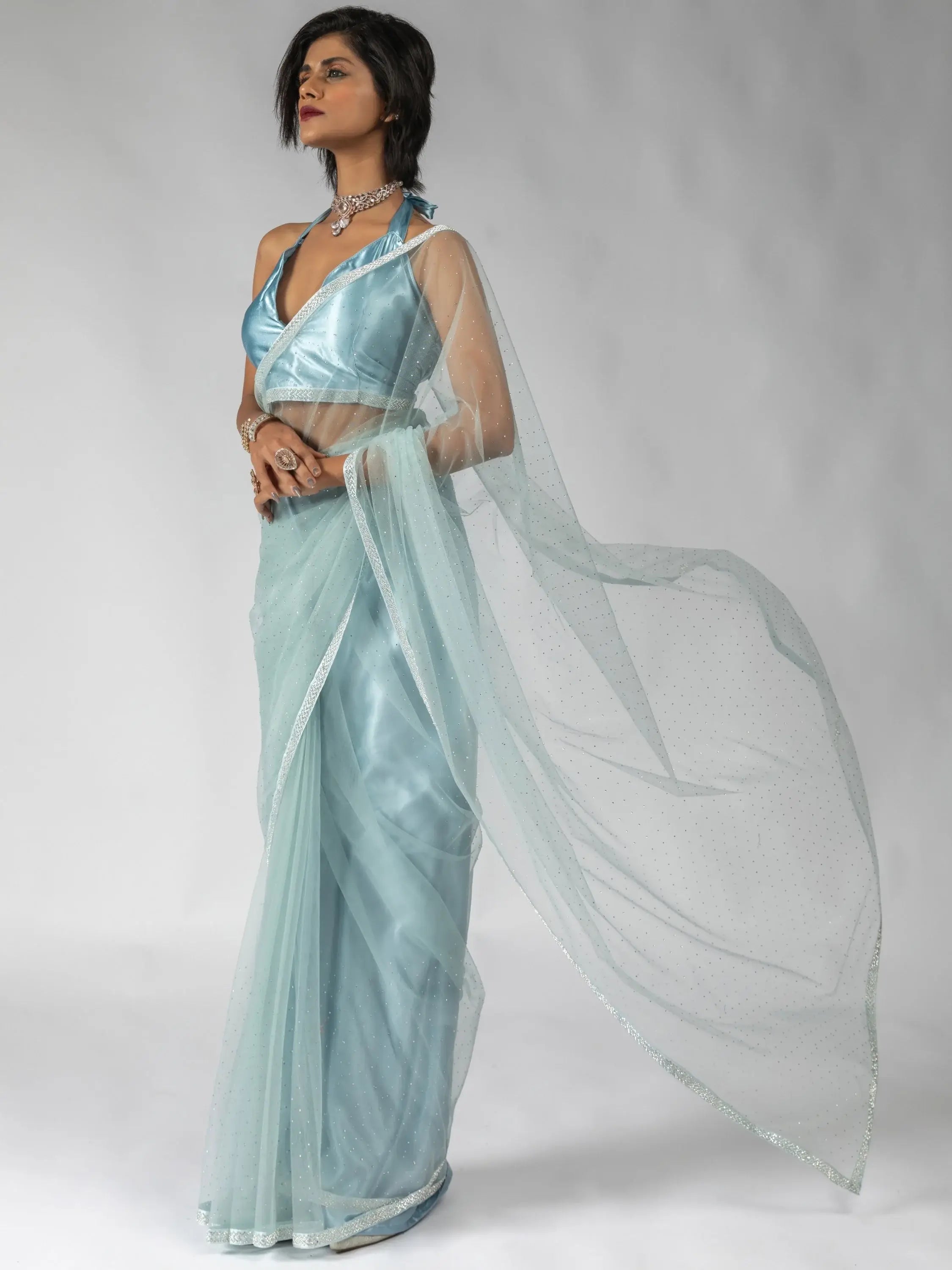 Attractive Sky-Blue Diamond Work Net Festive Wear Pre-Stitched Saree