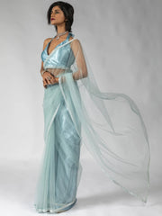 Attractive Sky-Blue Diamond Work Net Festive Wear Pre-Stitched Saree