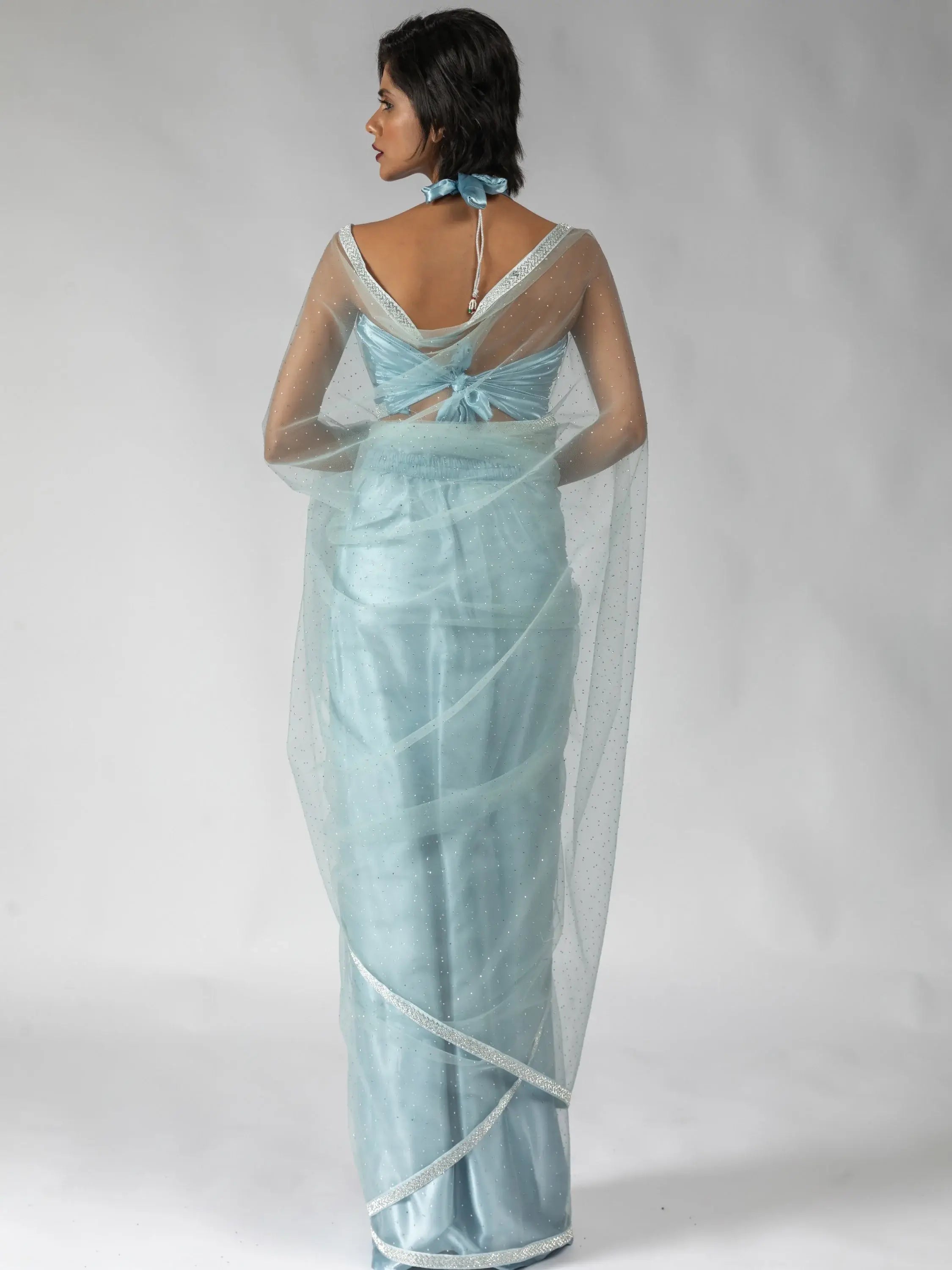 Attractive Sky-Blue Diamond Work Net Festive Wear Pre-Stitched Saree