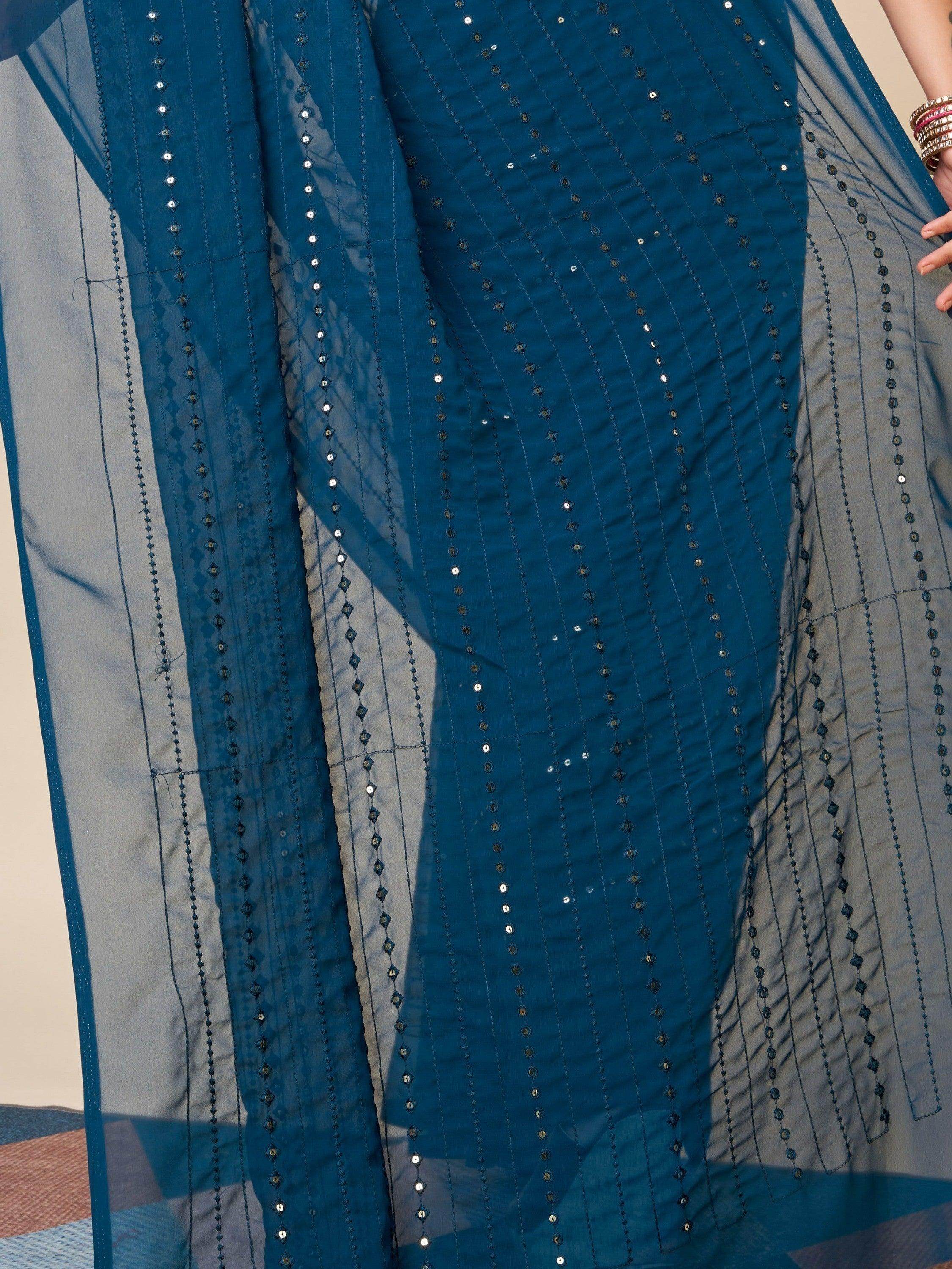 Awesome Teal Blue Sequins Georgette Function Wear Saree With Blouse
