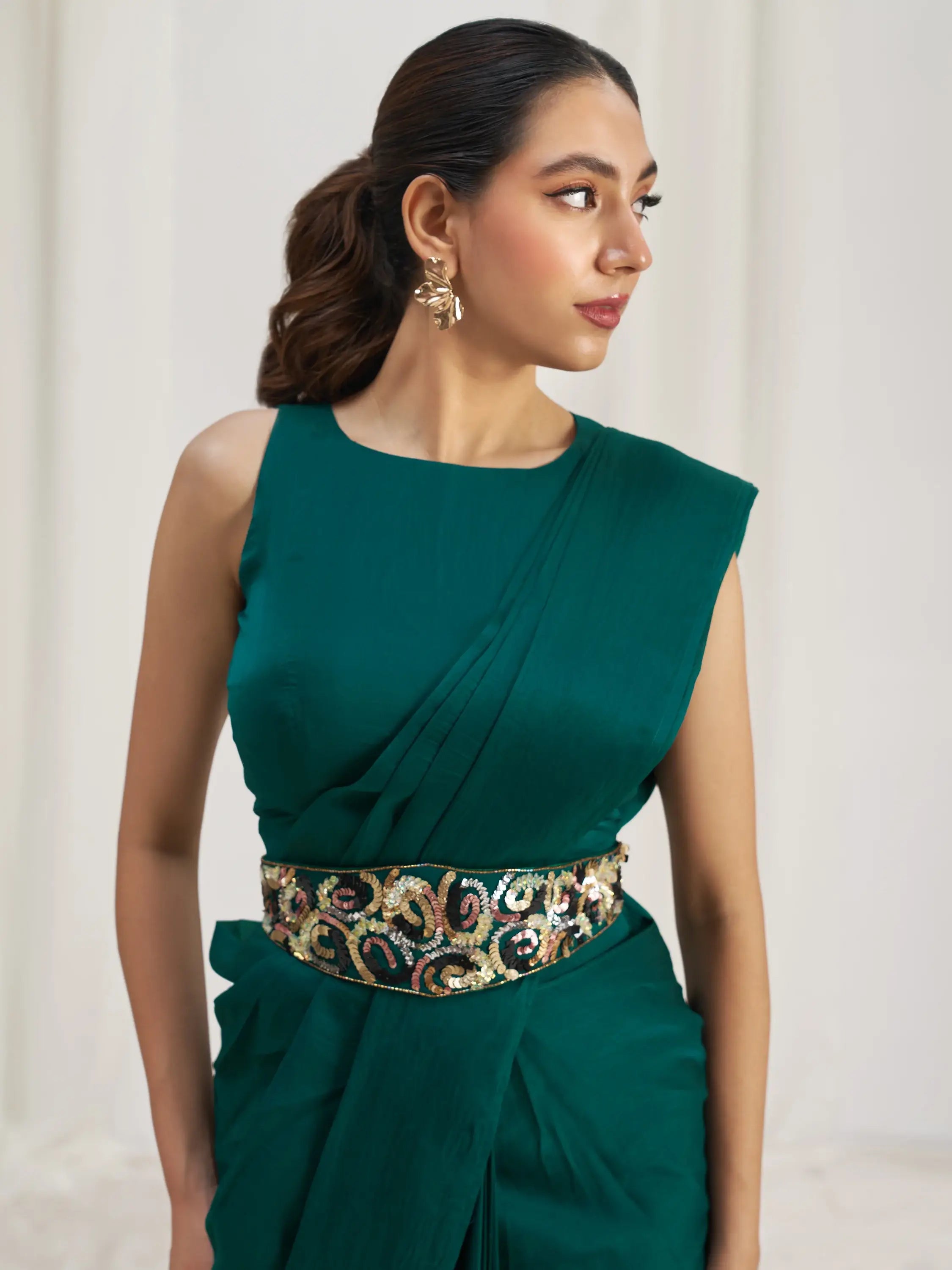 Awesome Teal Green Organza Silk Ready To Wear Saree With Blouse