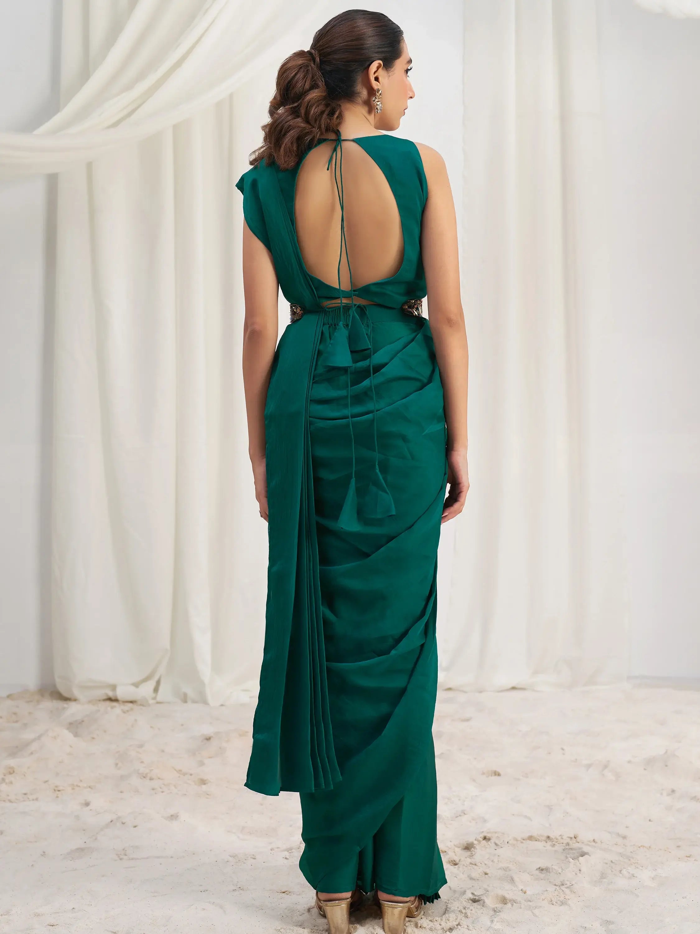 Awesome Teal Green Organza Silk Ready To Wear Saree With Blouse