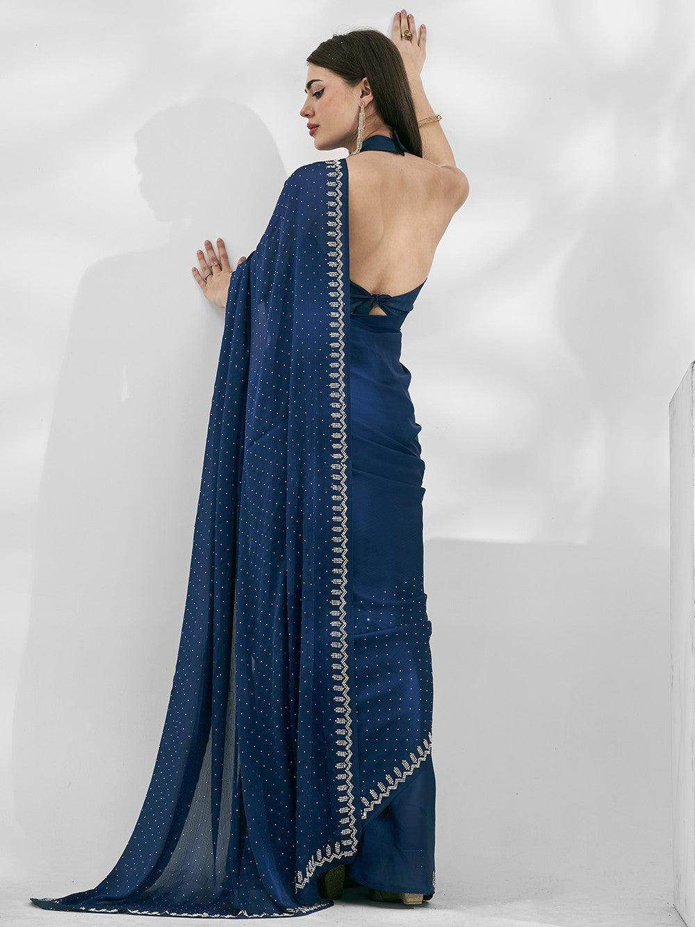 Beautiful Navy Blue Swarovski Work Satin Saree With Blouse