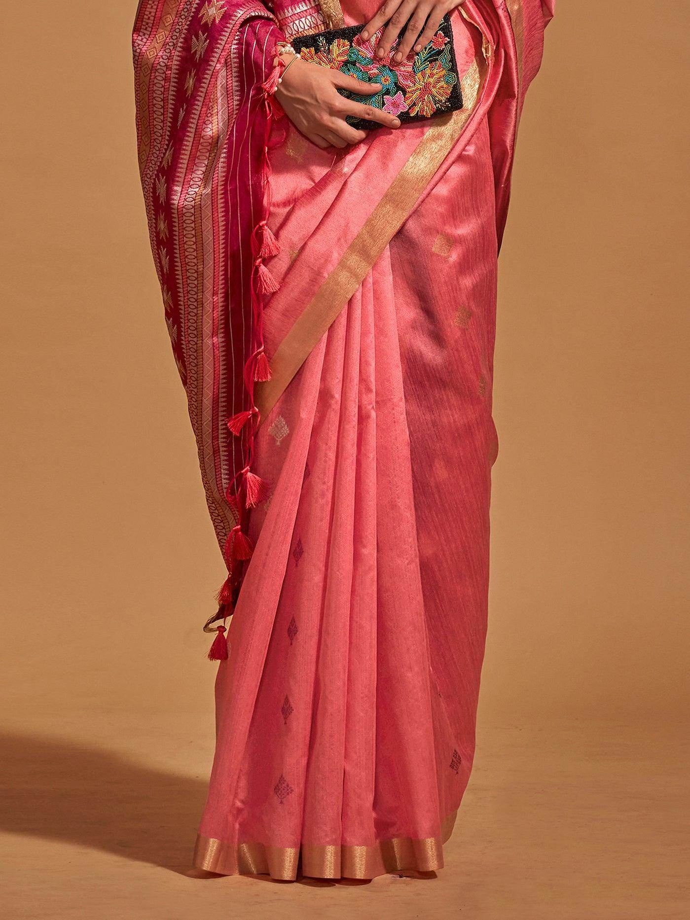Bewitching Coral Red Weaving Silk Event Wear Saree With Blouse