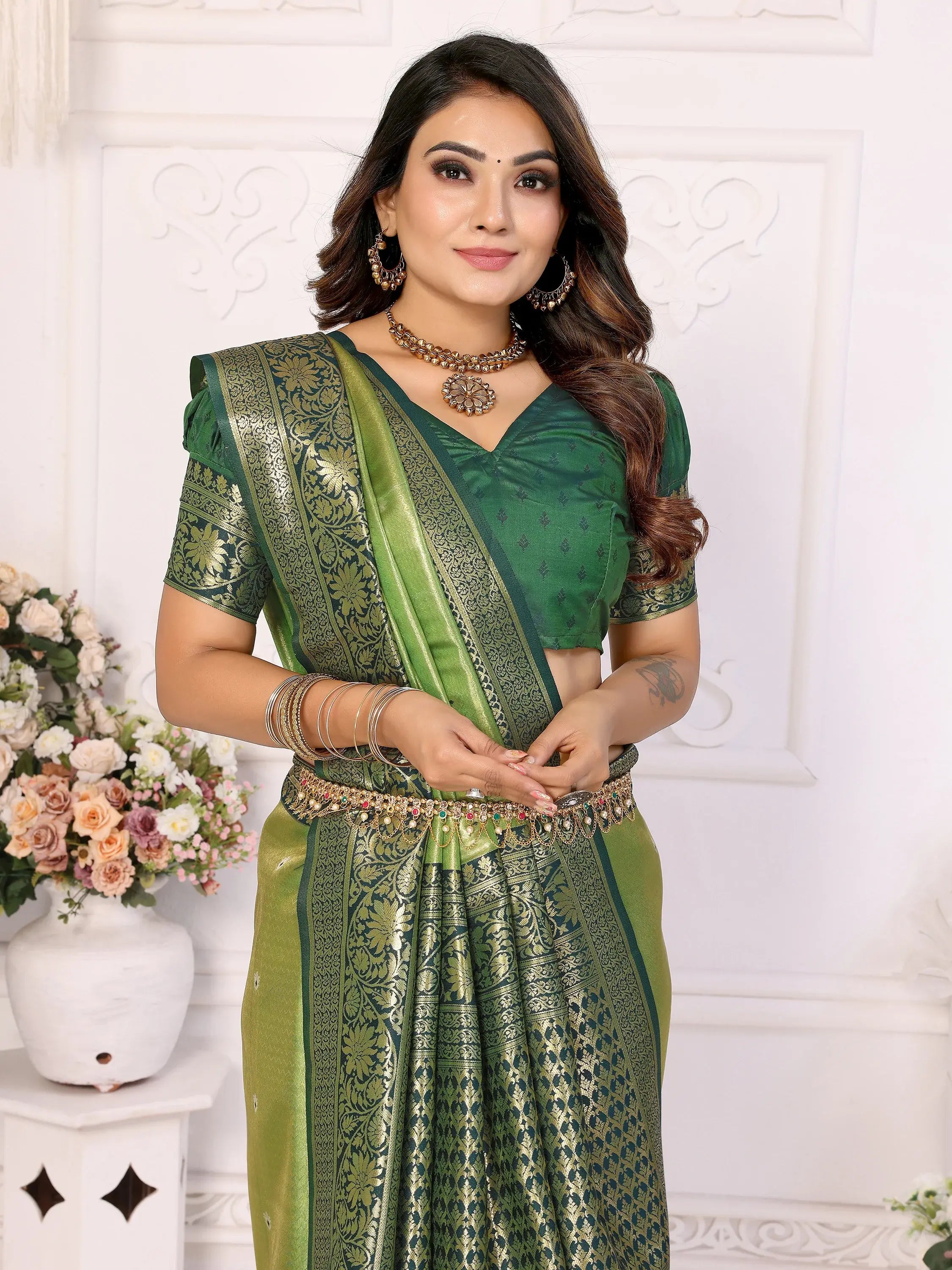 Bewitching Green Zari Weaving Banarasi Silk Evening Wear Saree