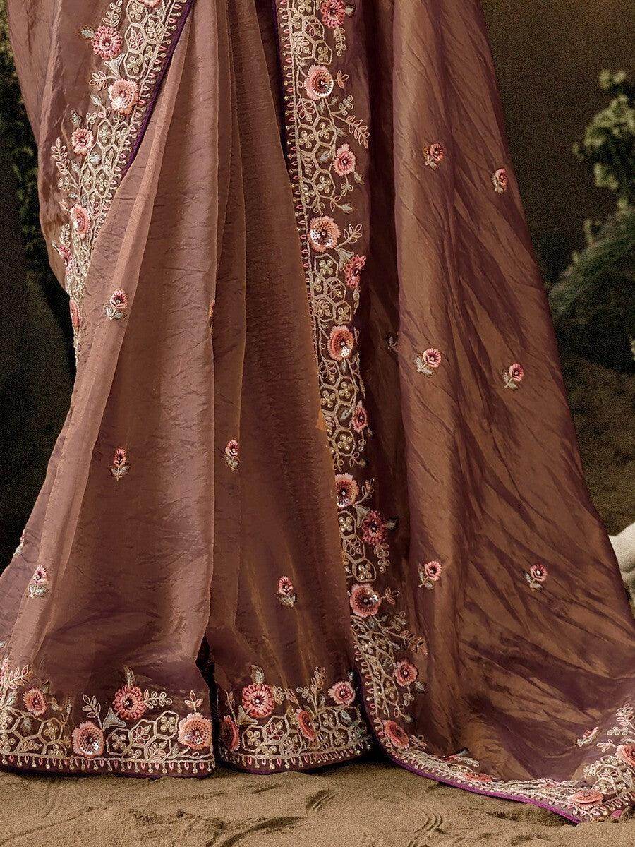 Enticing Brown Embroidered Silk Party Wear Saree With Blouse