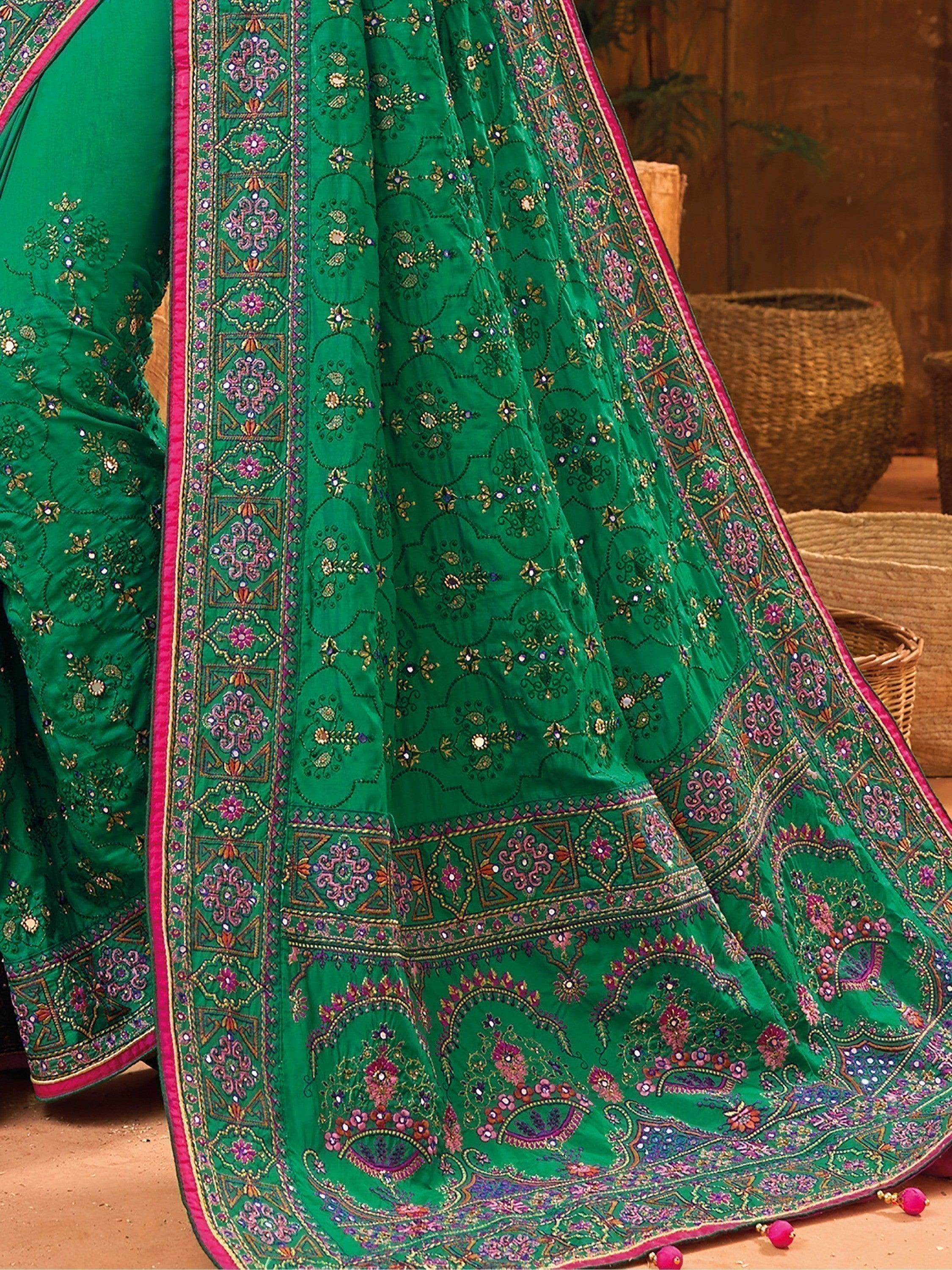 Enticing Green Mirror Work Banarasi Silk Saree With Blouse