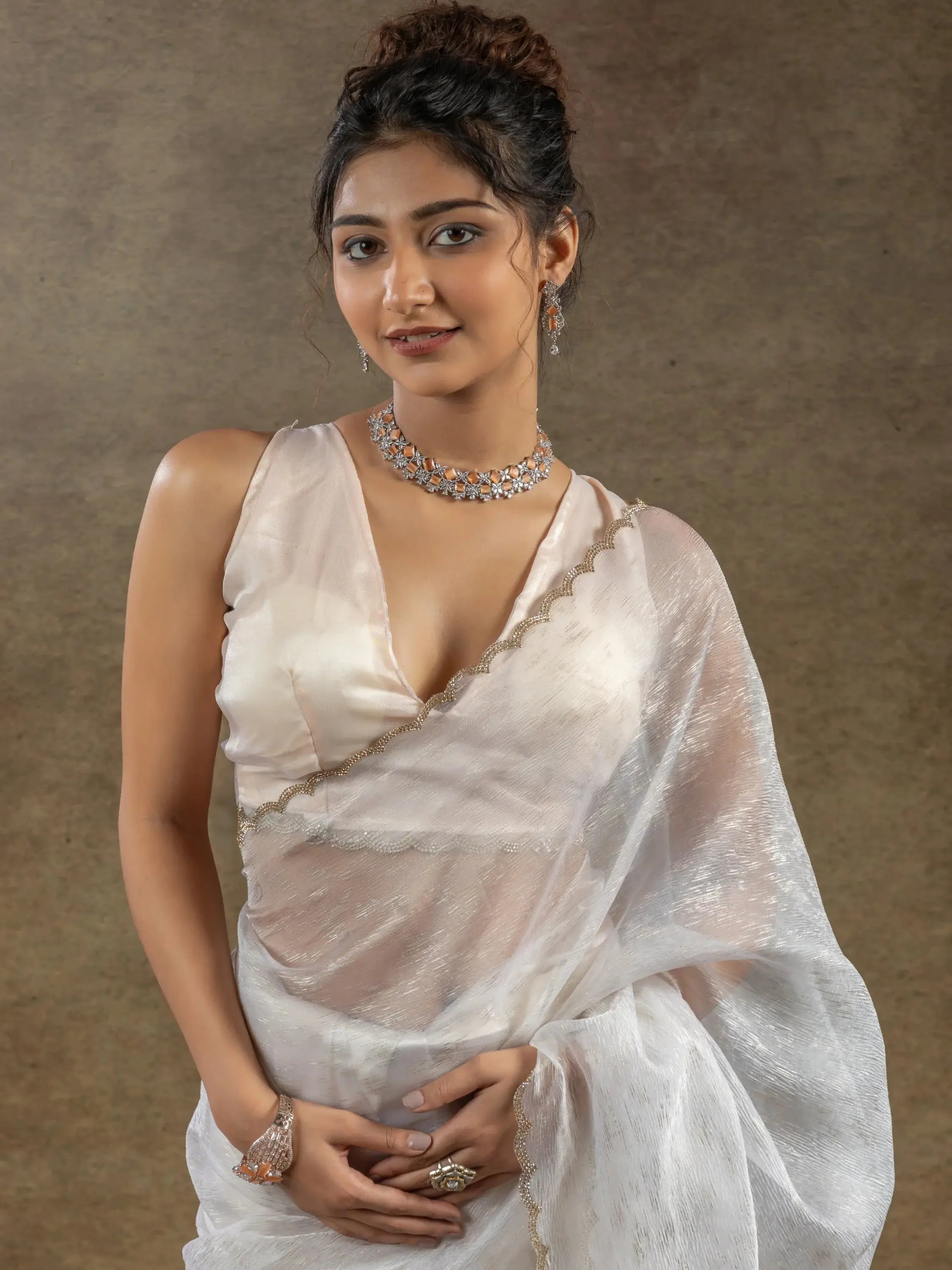 Fabulous White Zari Weaving Organza Pre-Stitched Saree With Blouse