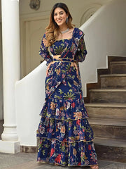 Fancified Navy Blue Floral Printed Georgette Ready To Wear Ruffle Saree
