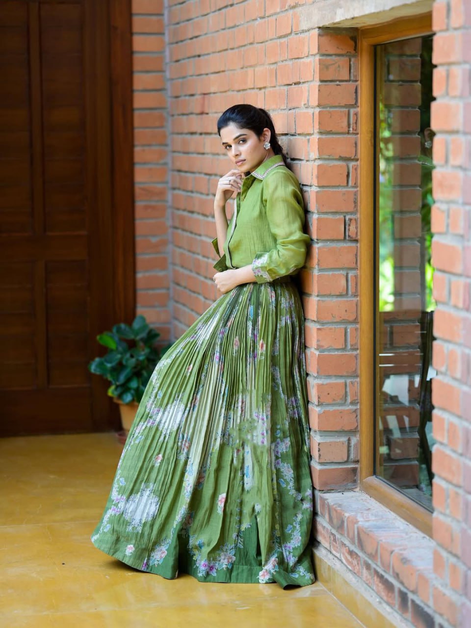 Olive Green Pleated lehenga Set