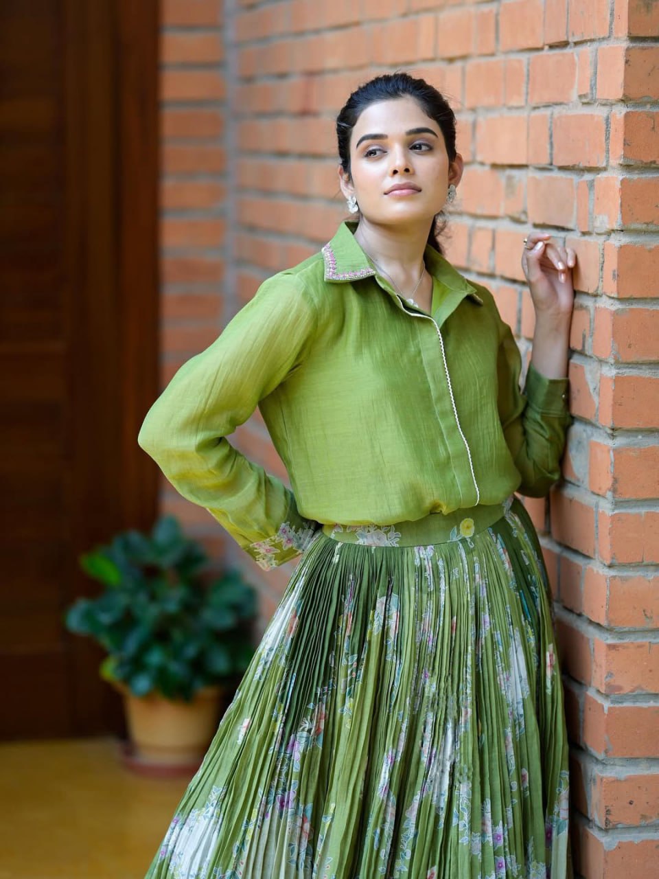 Olive Green Pleated lehenga Set