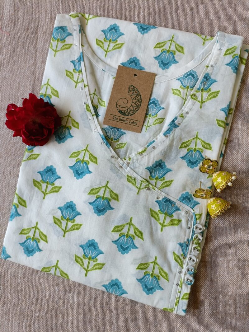 White Blue Boota Angrakha Cotton Kurta