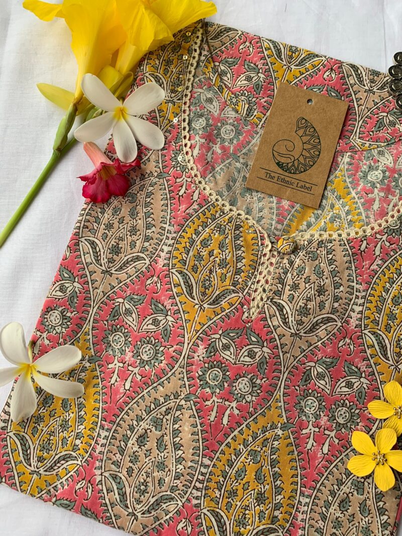 Peach Jaal Hand Block Printed Cotton Kurta - Image 2