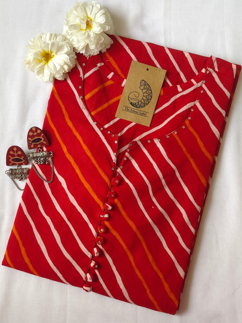 Red Lehriya Buttoned Cotton Kurta