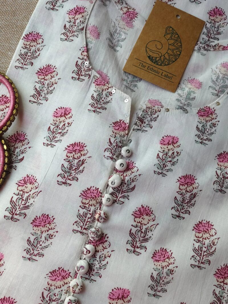 White Pink Boota Cotton Kurta - Image 2