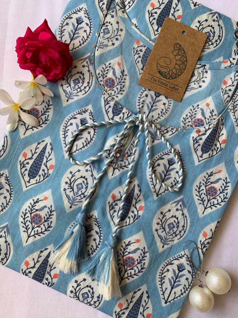 Powder Blue Hand Block Printed Cotton Kurta - Image 3