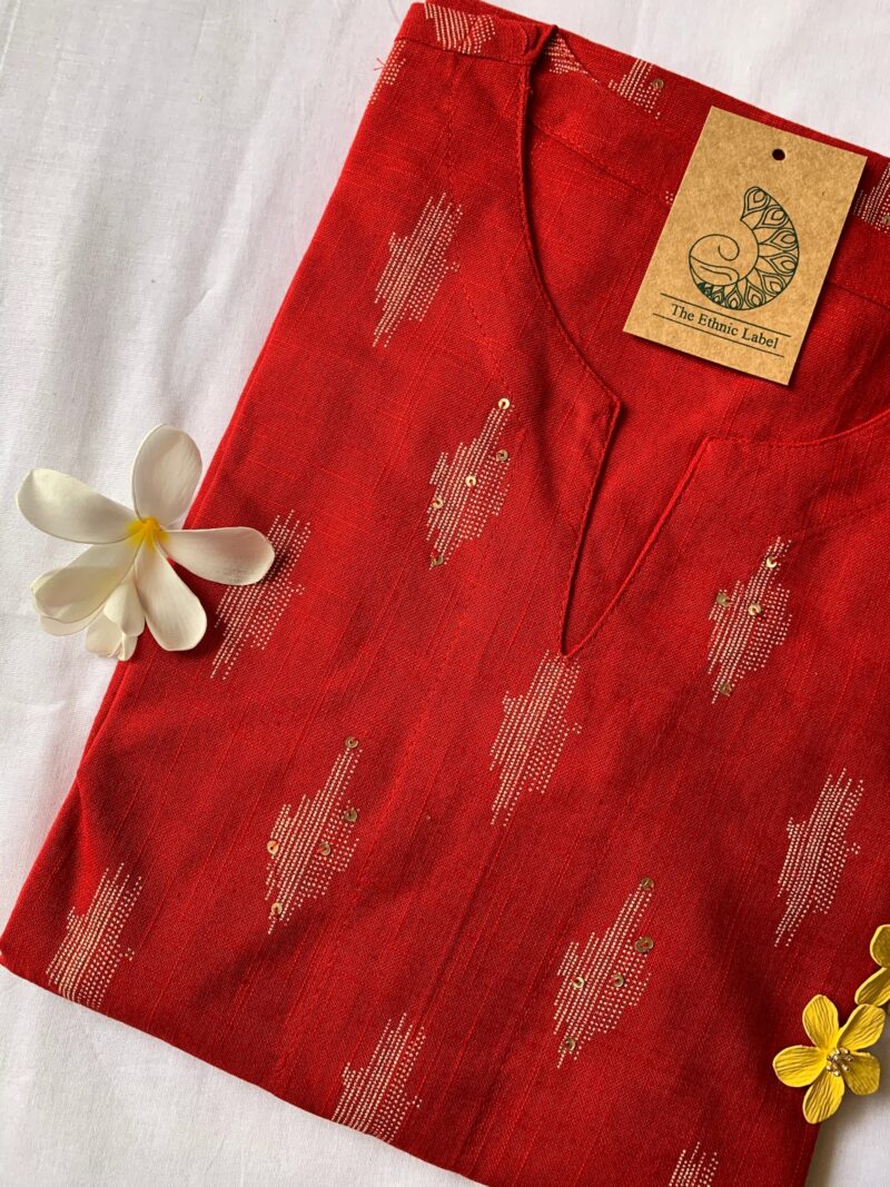 Red Handcrafted Ikat Cotton Kurta - Image 2