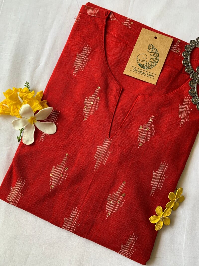 Red Handcrafted Ikat Cotton Kurta - Image 3